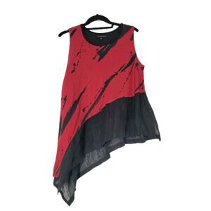 Mara Gibbucci Tunic Blouse Med Red Lagenlook Asymmetrical Linen Sleeveless Boho